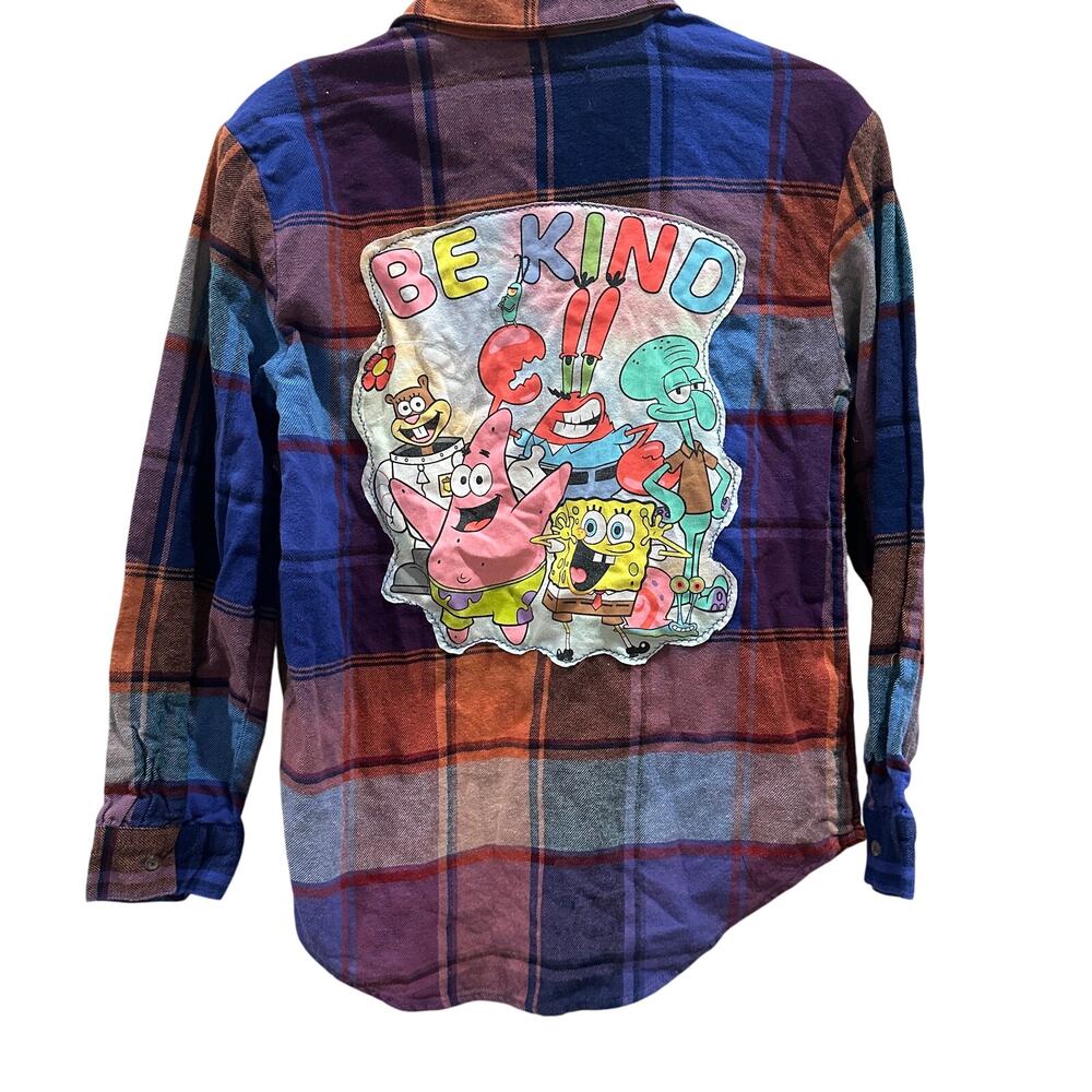 Sponge Bob Square Pants Plaid Flannel Button Down Shirt Kids XL Unique Be Kind